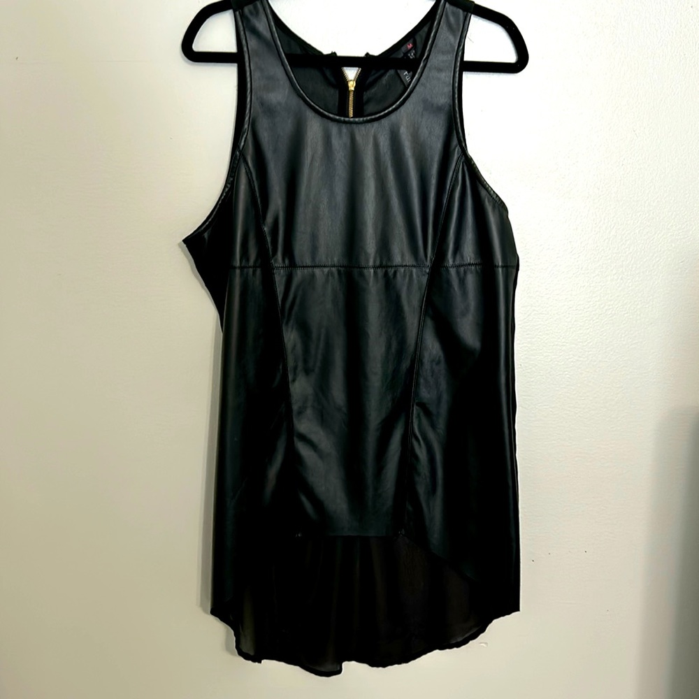 Black pleather front, see through back, high front low back with gold zipper